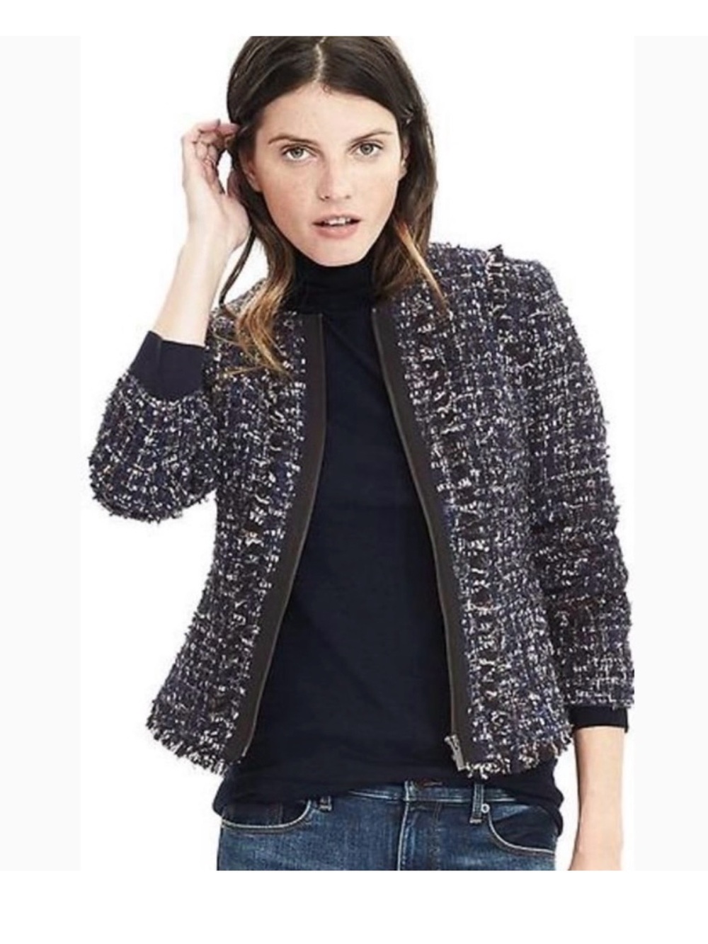 BANANA REPUBLIC Women’s Navy colorless Tweed Blazer Size 00P zipper work office